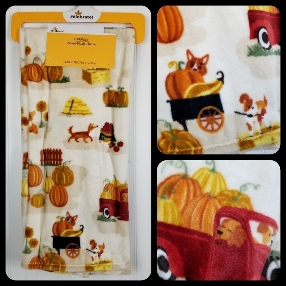 Fleece Throw Blanket NWT Plush Dogs Puppies Fall Pumpkin Patch Truck Sunflower
